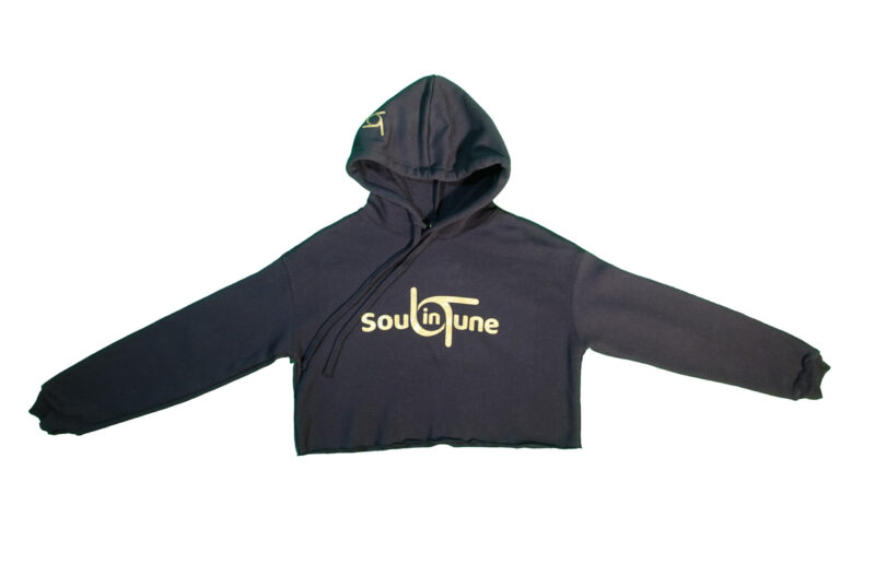 A black hoodie with the words soul & tune on it.