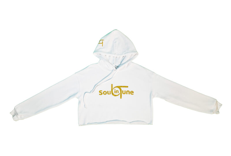 A white hoodie with the word soul tone on it.