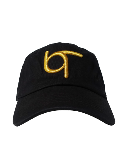 A black hat with yellow embroidered logo.