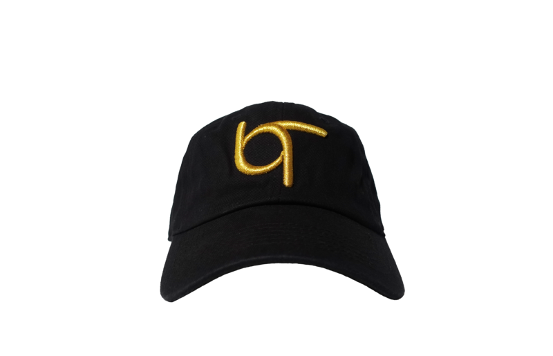 A black hat with yellow embroidered logo.