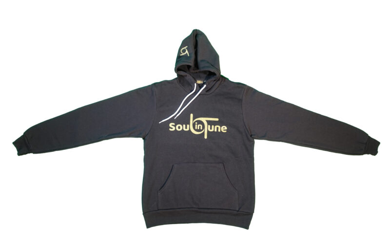 A black hoodie with the word soul and june on it.